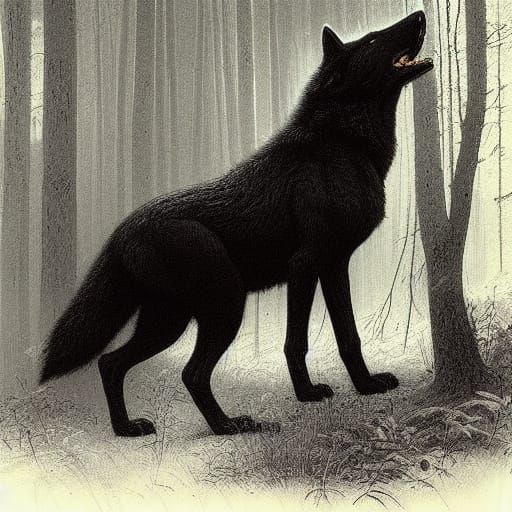 Menacing Black Wolf in Autumnal Forest