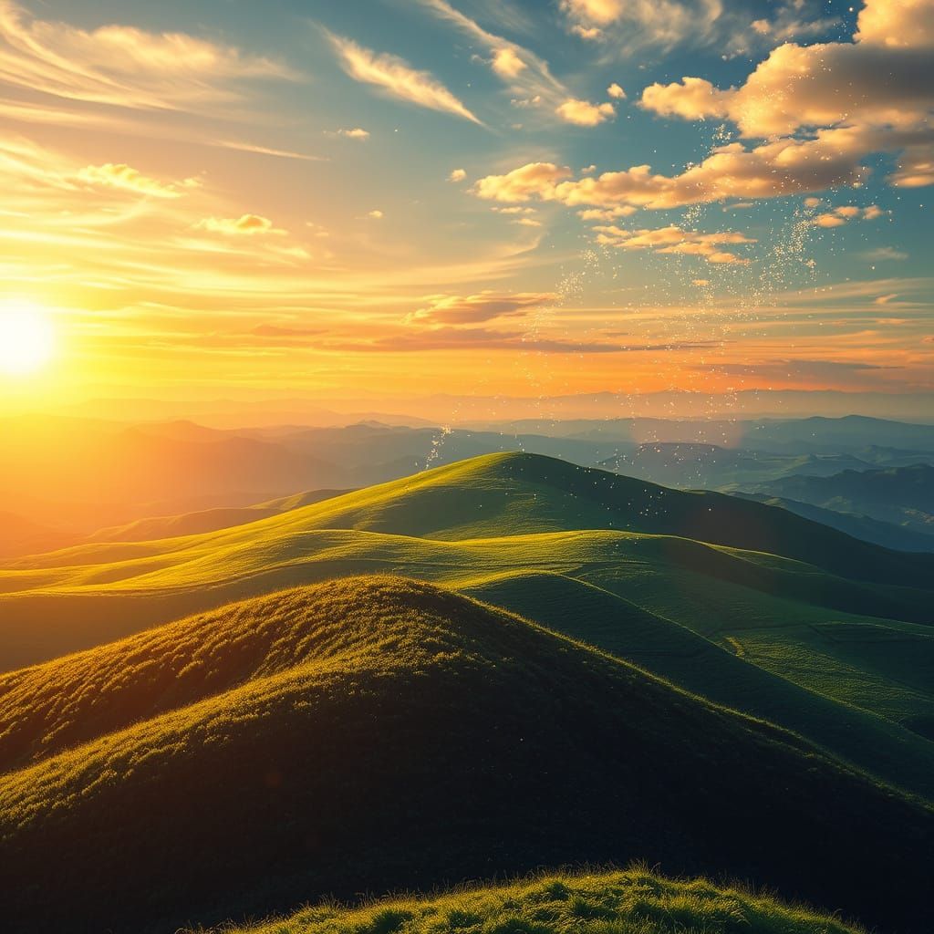 Ethereal Sunset Glow on Emerald Hills