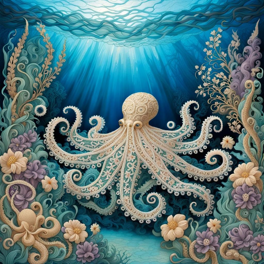 Underwater Lace Scene with Octopus in Alençon Lace