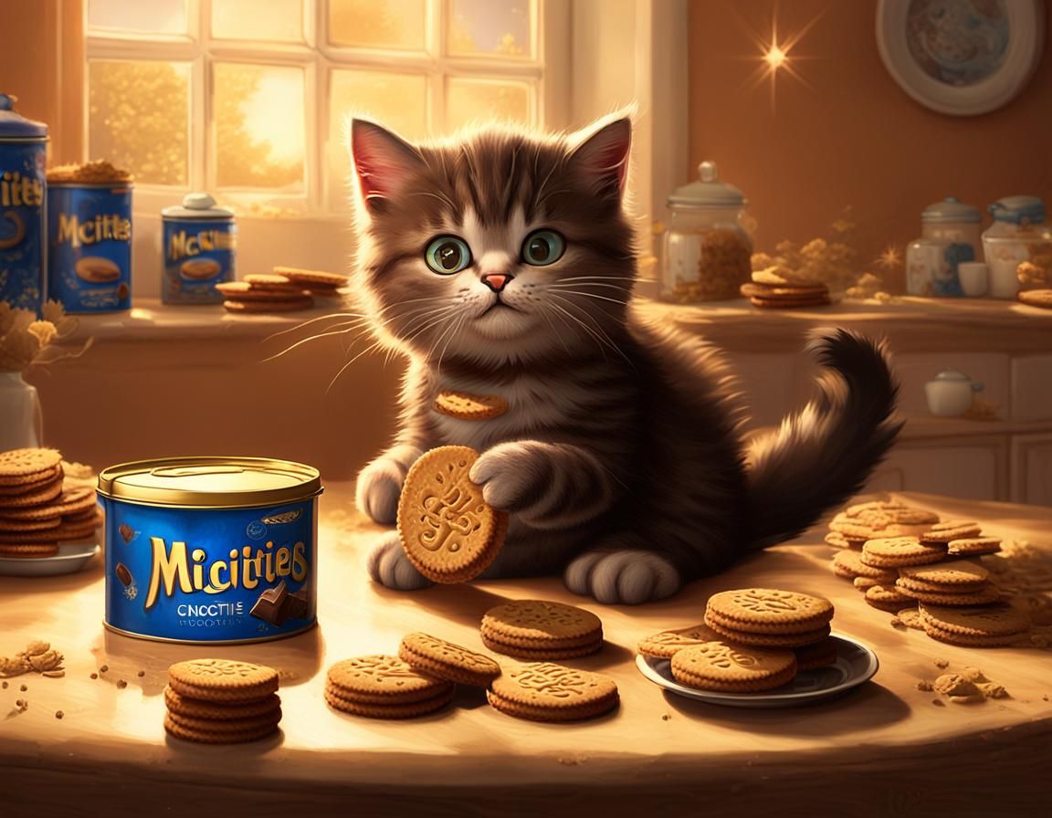 Kitten's Whimsical Biscuit Feast in Digital Art