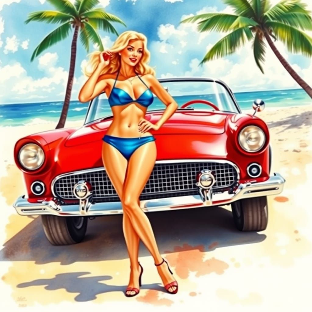 Blonde in Blue Bikini on Tropical Beach, Watercolor Style