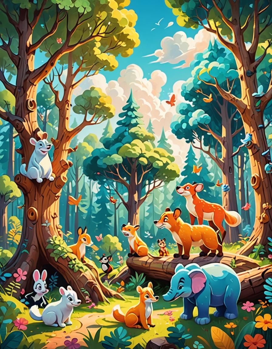 Whimsical Disney-Inspired Forest Scene with Colorful Creatur...