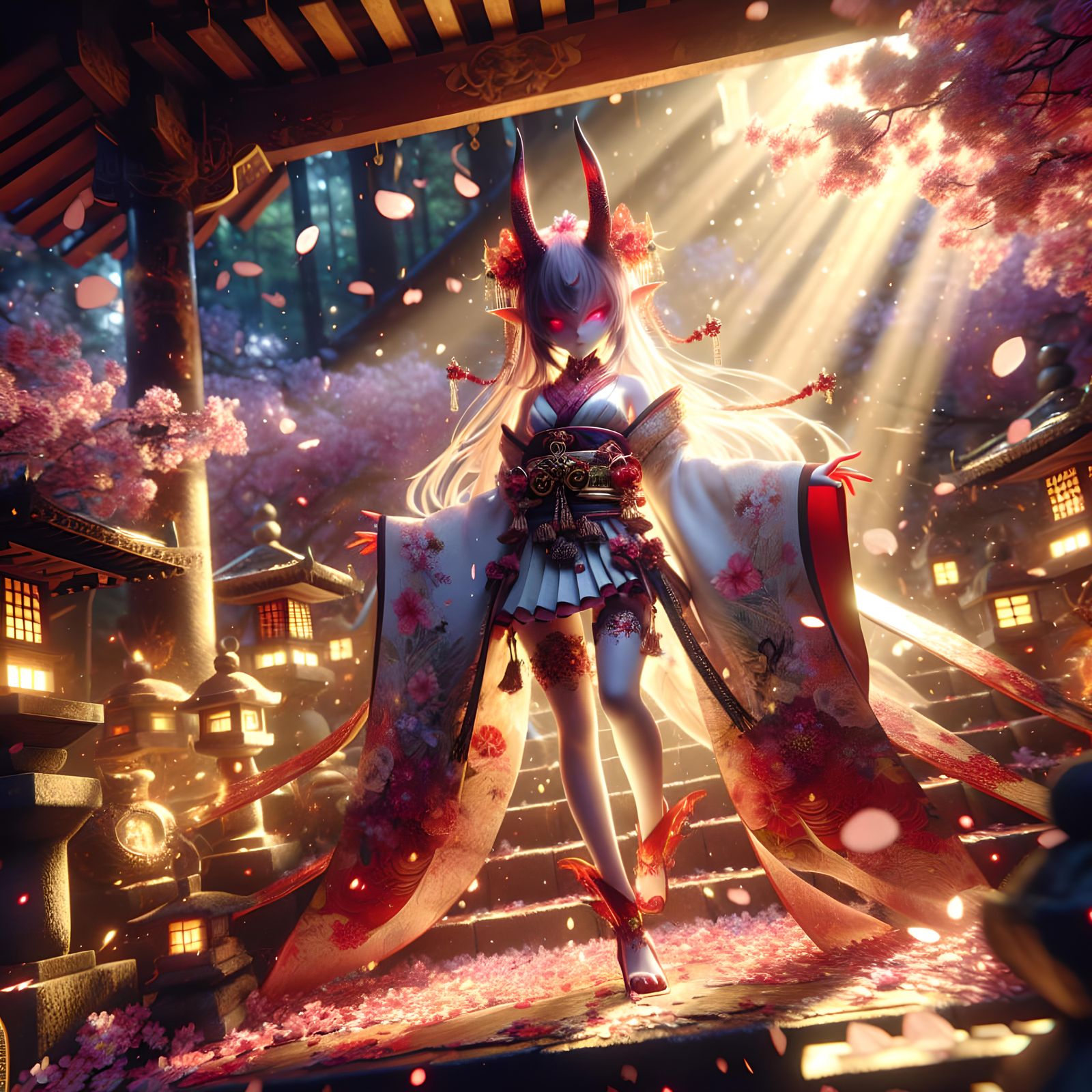 Demon Shrine Maiden in Solar Flare Cherry Blossom Scene