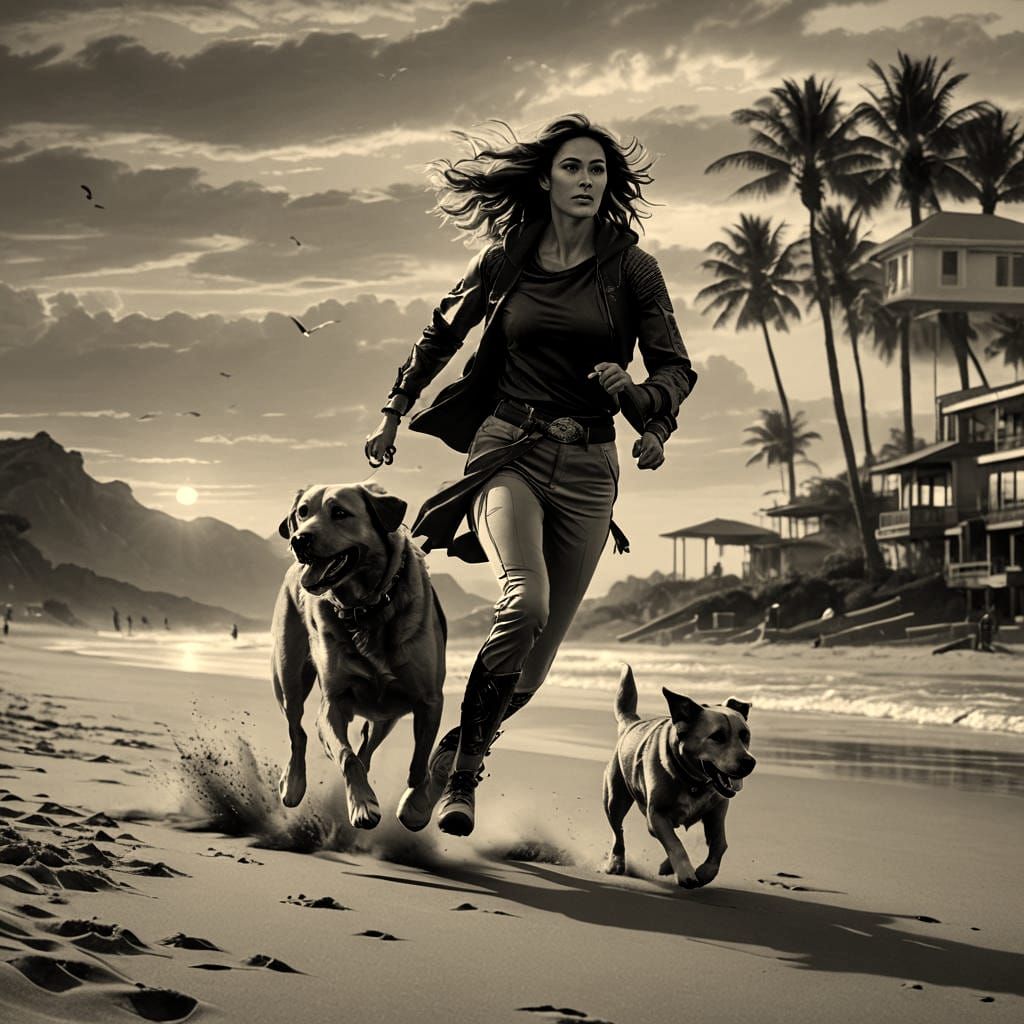 Woman and Dog Run on Beach at Sunset: 8K Art