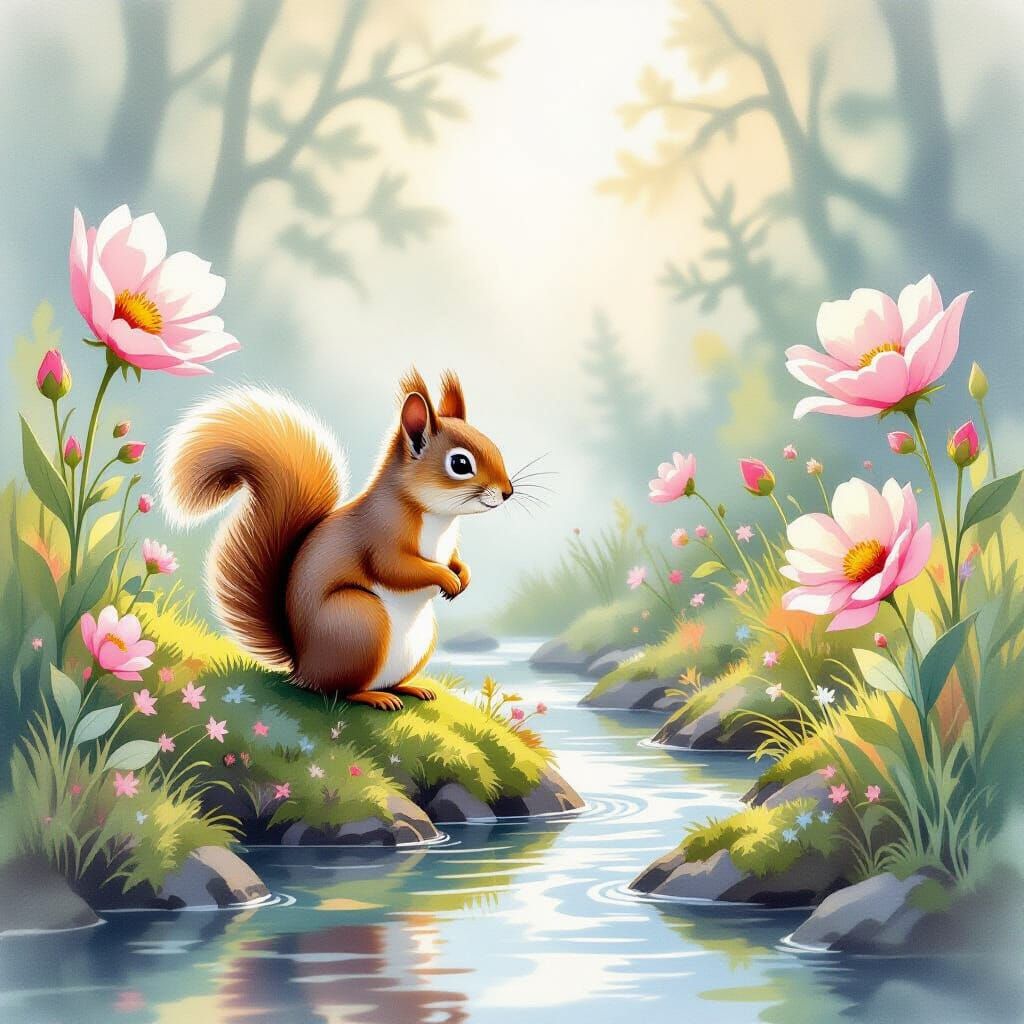 Enchanting Watercolor Squirrel Among Glowing Wildflowers