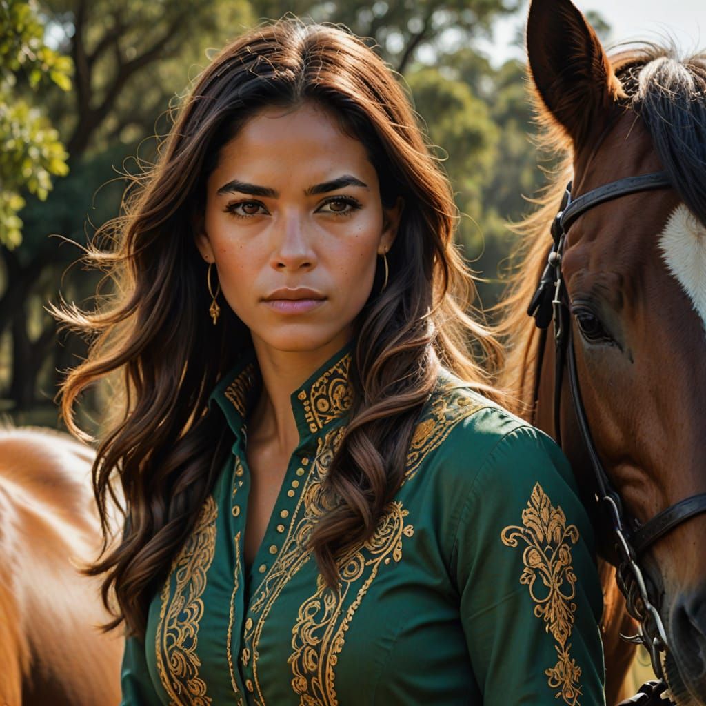 Elegant Woman Riding a Chestnut Horse in a Vibrant Landscape