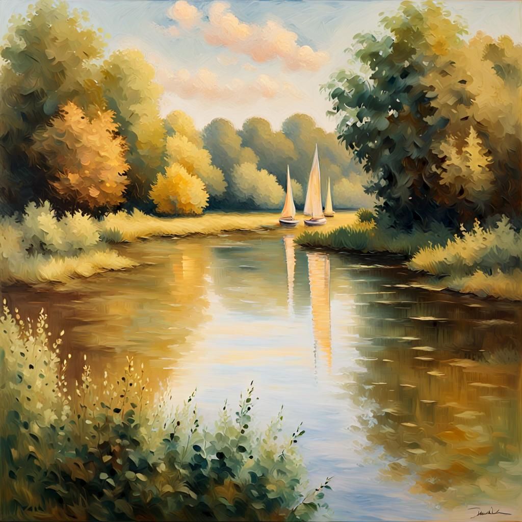 Impressionist Riverbank Scene with Sailboats