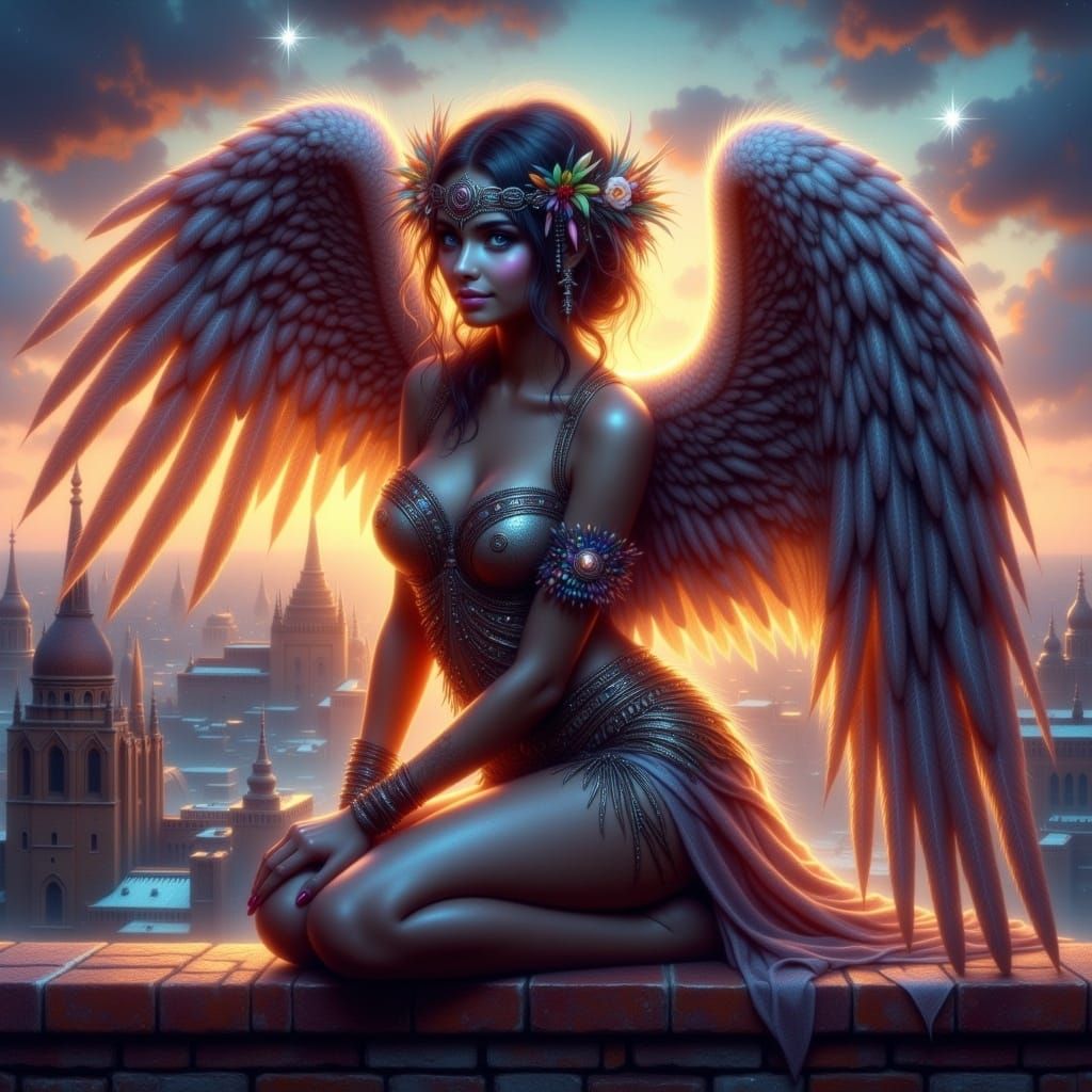 Dark Angel Kneeling on Rooftop at Twilight