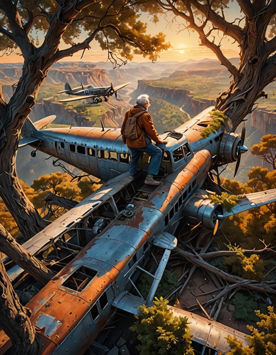 Hyperrealistic Sunset: Old Man in Plane-Treehouse