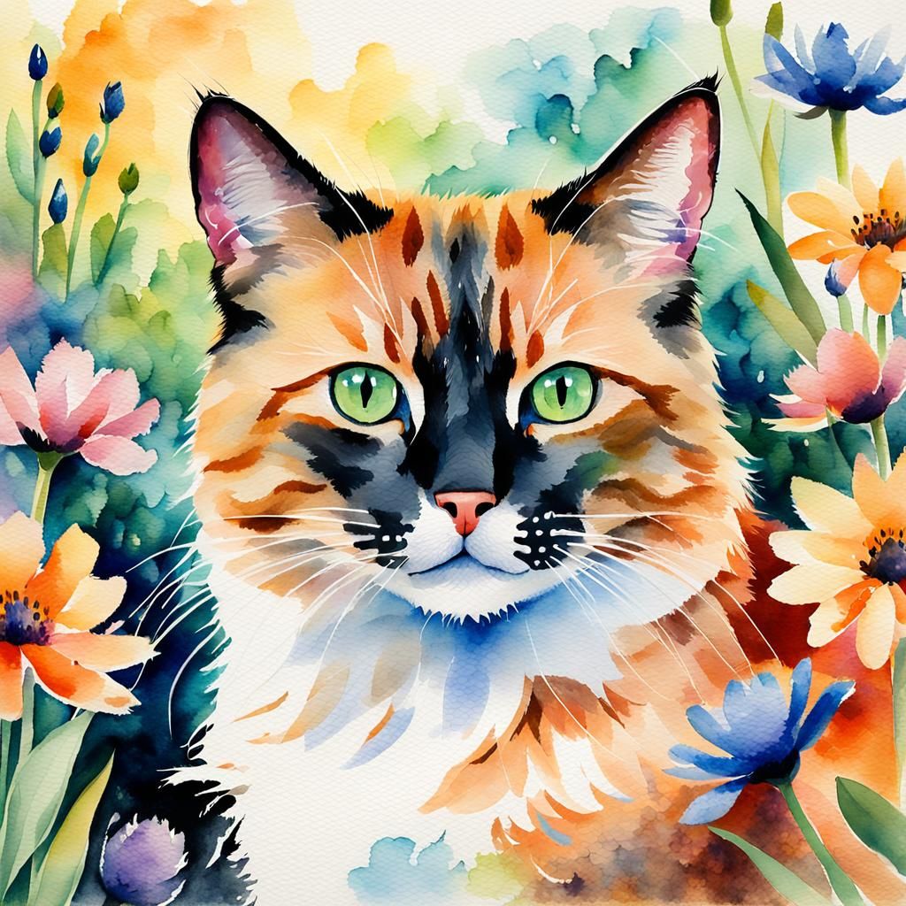 Whimsical Watercolor Cat Portrait in Floral Garden