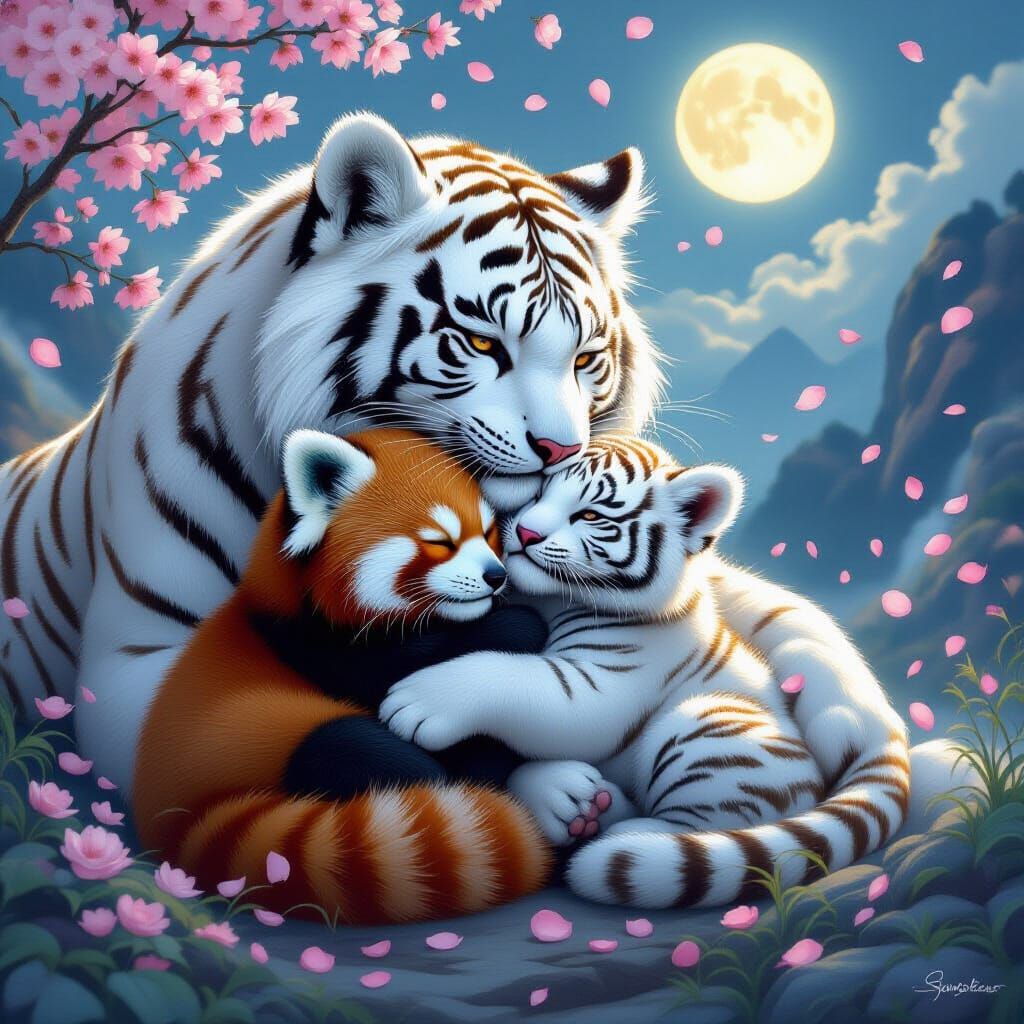 Red Panda and Tiger Cub Embrace Under Moonlight