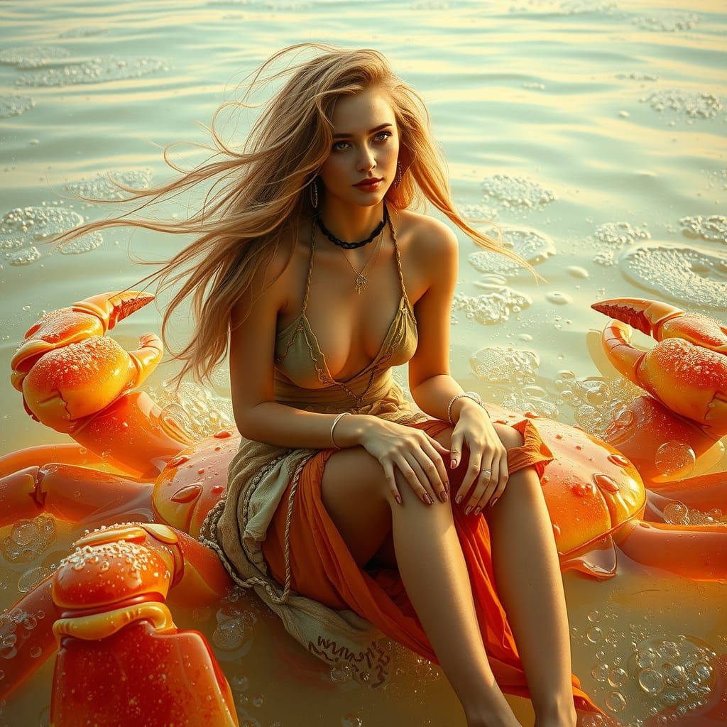 Woman on Gummy Crab in Dreamlike Soda Sea