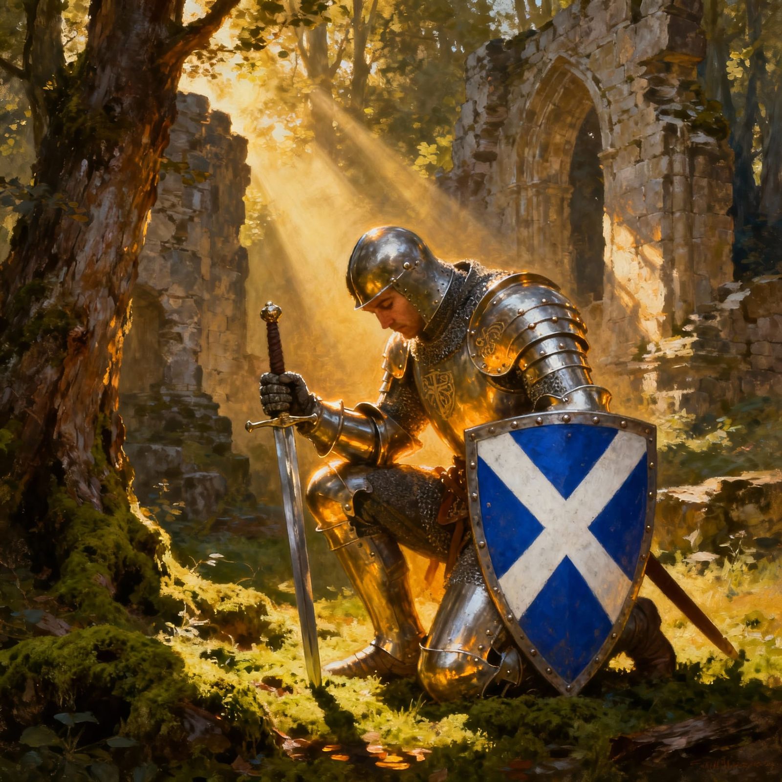 Medieval Knight Kneeling in Prayer in Sunlit Forest