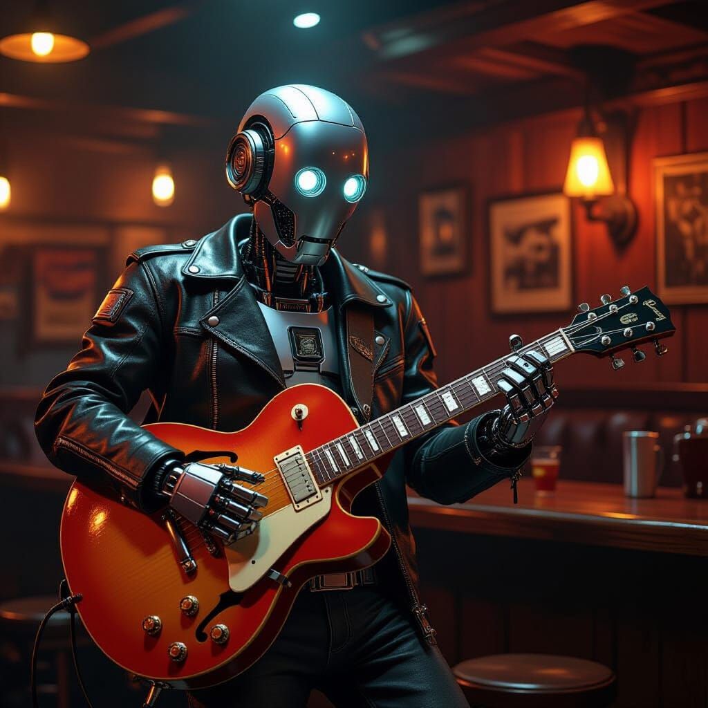 Cyberpunk Robot Plays Guitar in Dimly Lit Pub