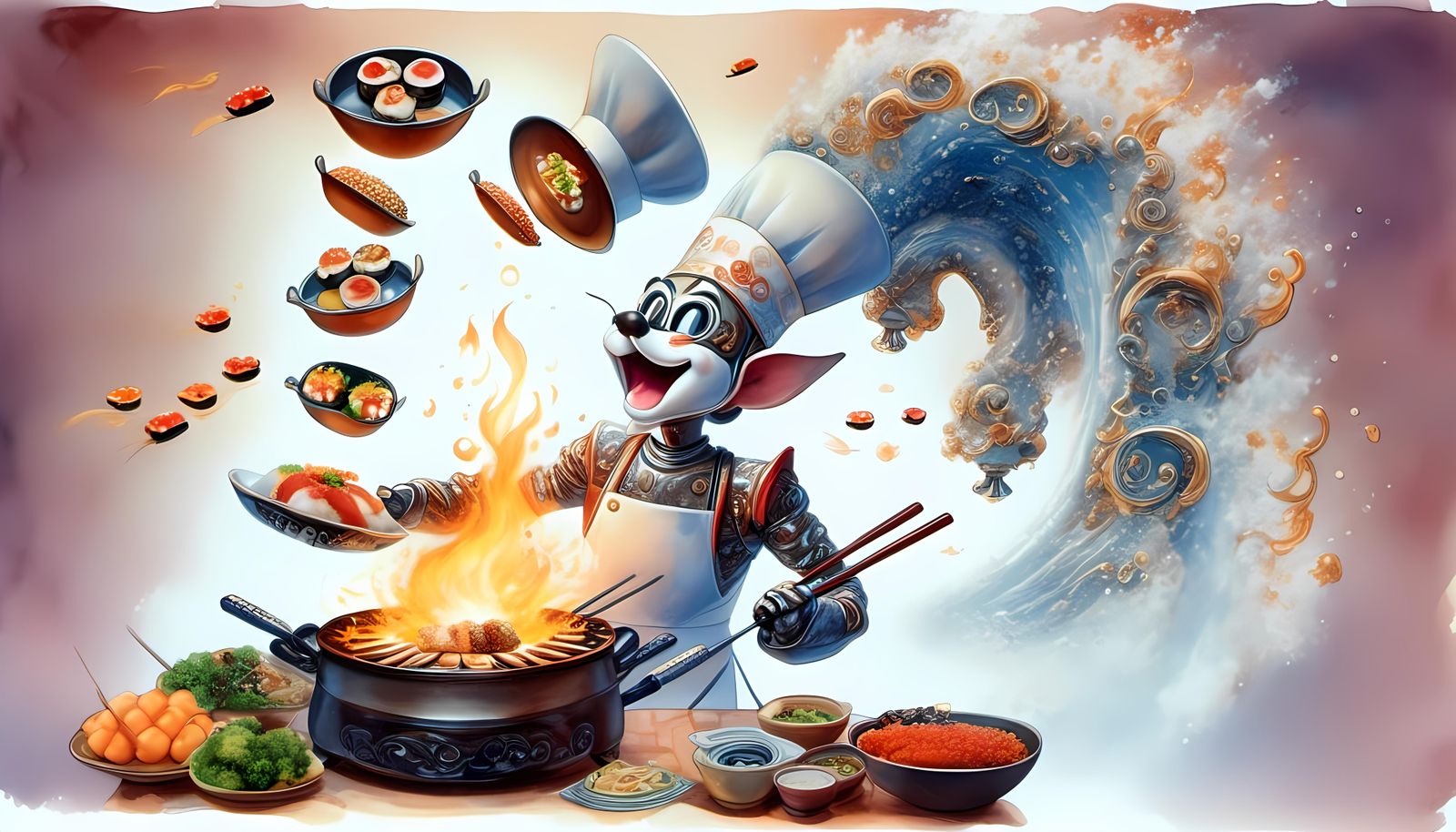 Robot Hibachi Chef with Watercolor Illustration Style