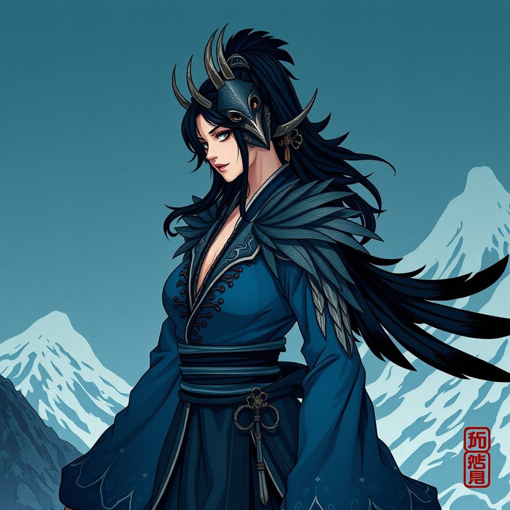 Elegant Woman Bound to a Mountain Crow Tengu in Amano-Inspir...