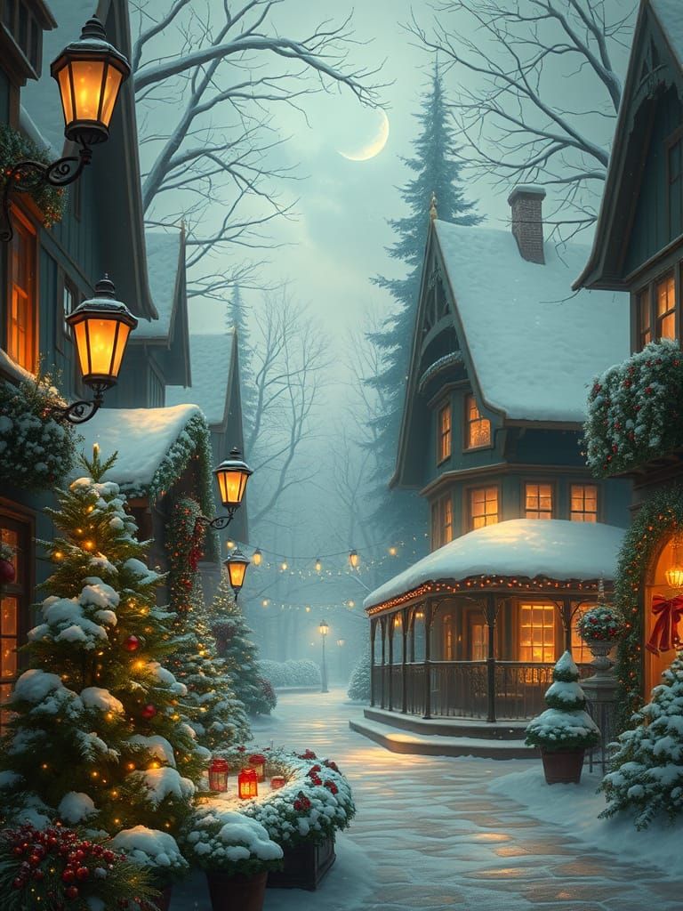 Ethereal Fantasy Village Mist in Thomas Kinkade Style