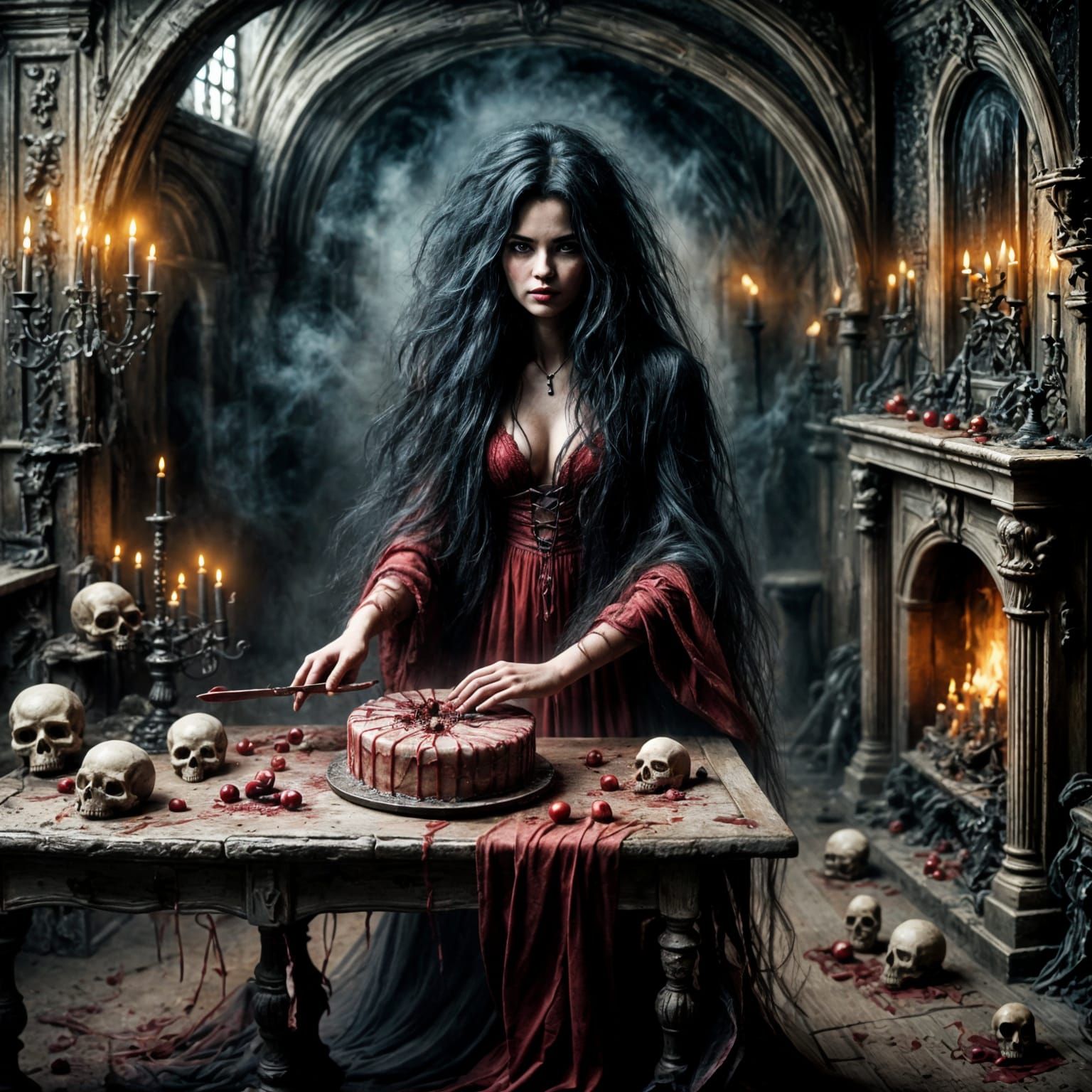 Vampire Cuts Bloody Christmas Cake in Haunted Crypt