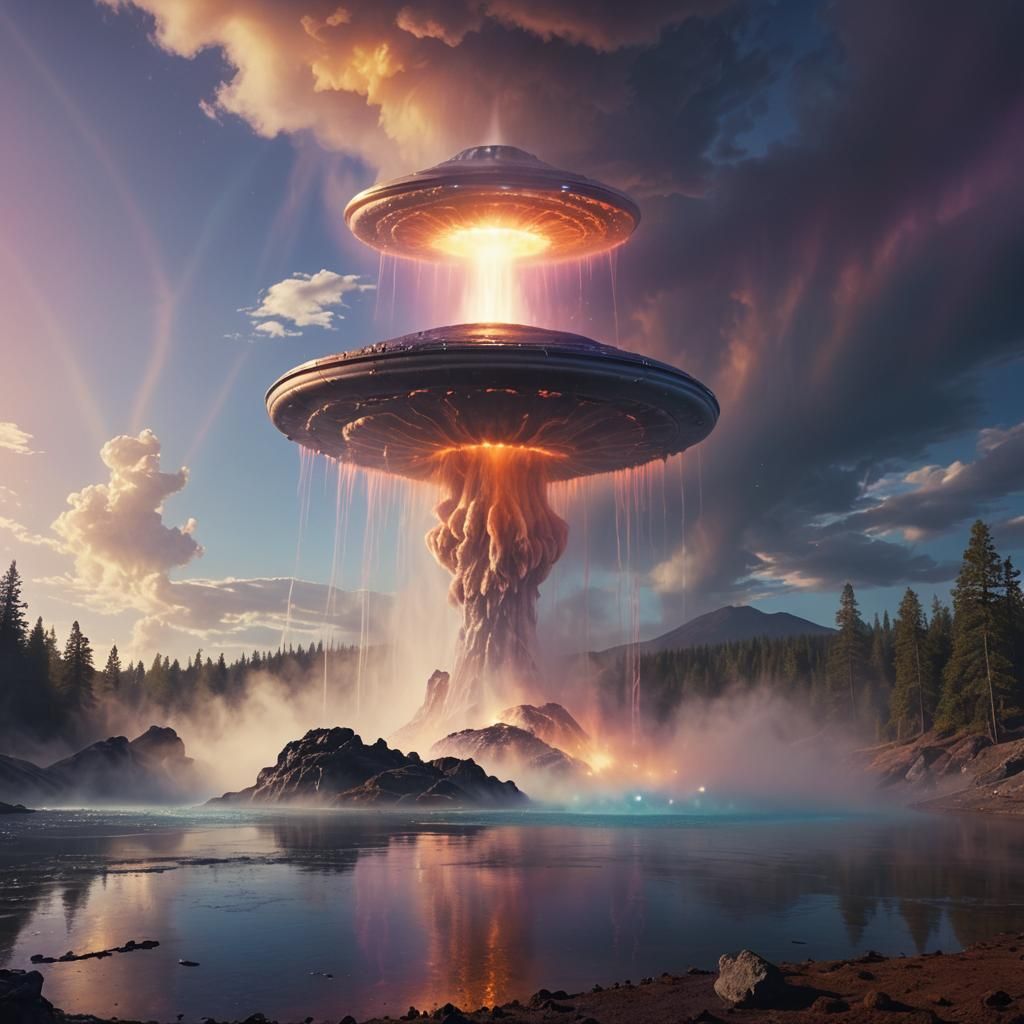 UFO over Geyser in Fantasy Landscape
