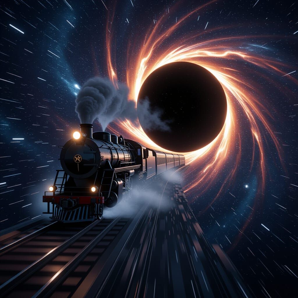 Obsidian Train Hurtles Towards a Black Hole in Surreal Style