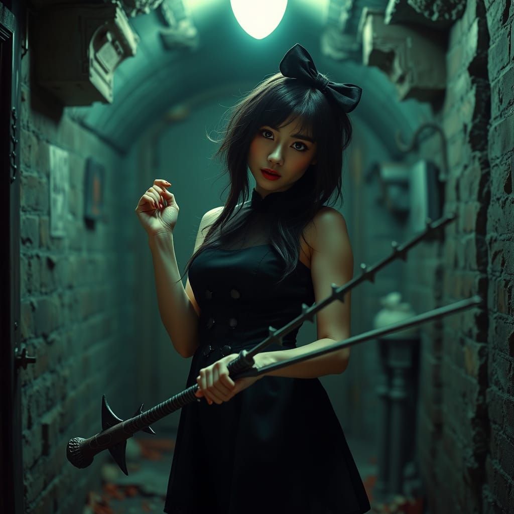 Goth Woman with Spiked Bat in Haunted Basement