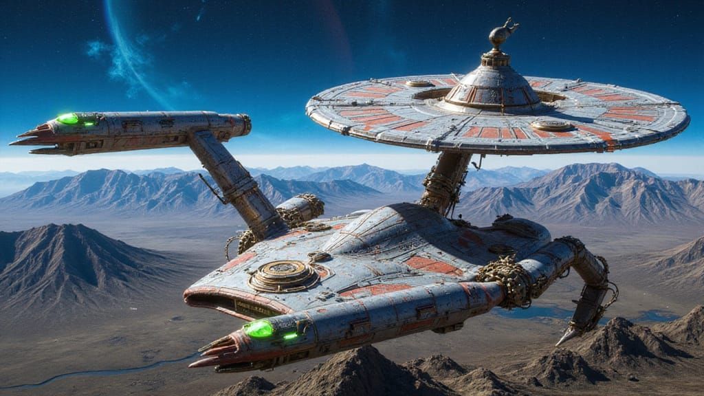 Steampunk Starship Scorpion Bank in Cosmic Flux