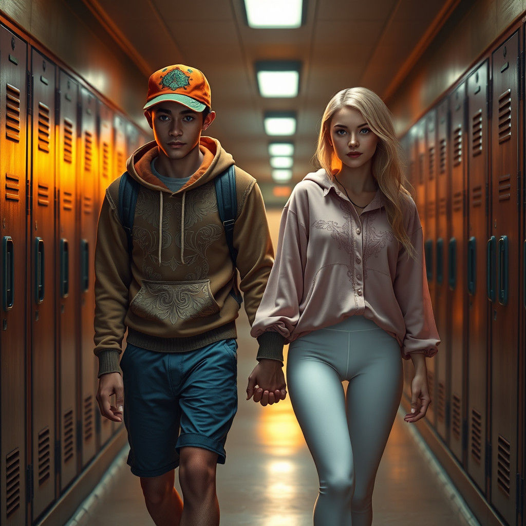 Couple Walking Down School Hallway: Matte Painting Style