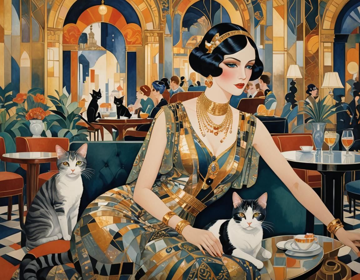 A beautiful woman and cats at an art deco hotel lobby - 02