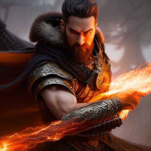 Detailed Wizard Portrait with Swirling Fire