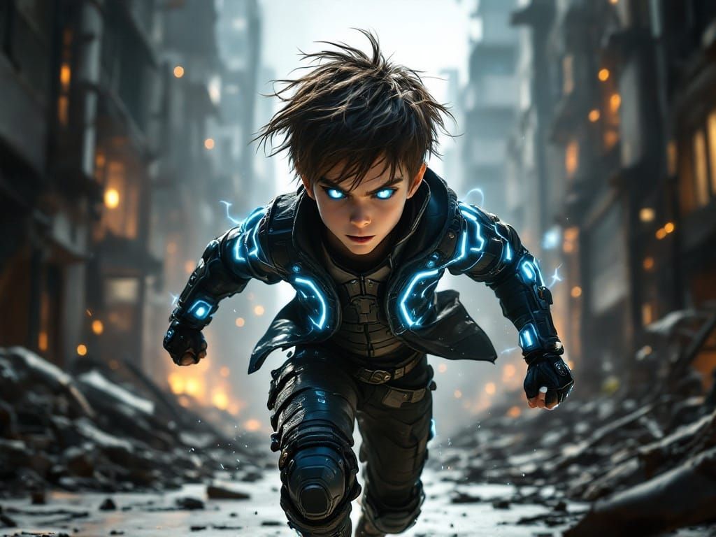 Cybernetic Warrior Rises in Ruins of a Futuristic Metropolis