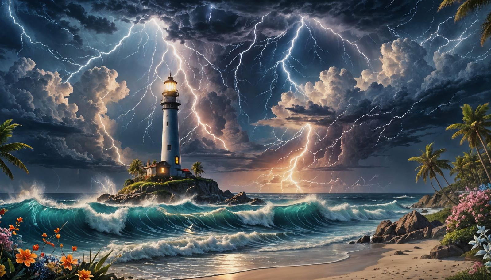 Hyperrealistic Beach Scene with Lightning and Moon