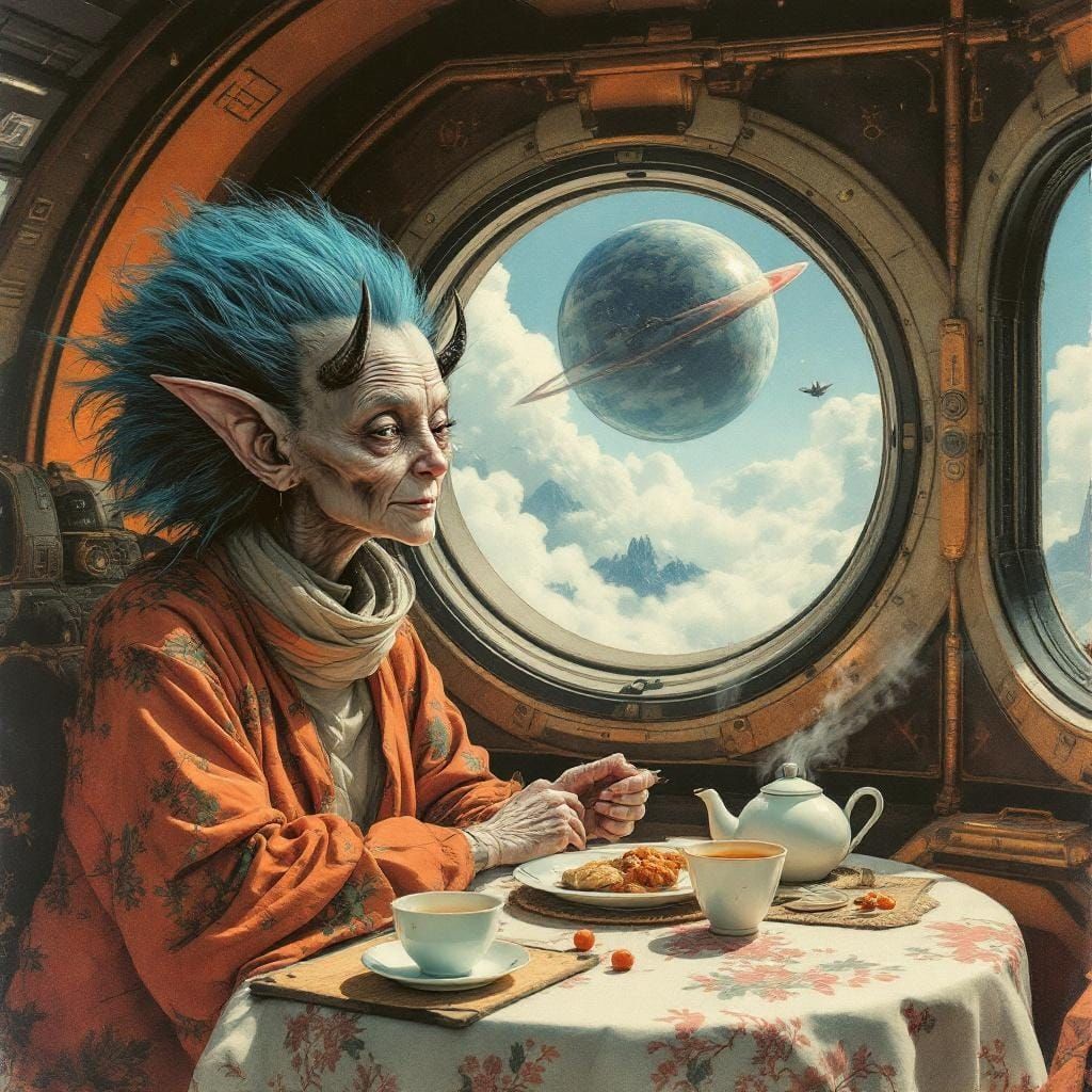 Alien Tea Ceremony Inside Rocket, in Ergon Schiele Style