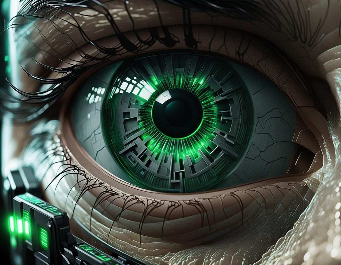 Glowing Green Cyberpunk Eyes in Dark Noir Style