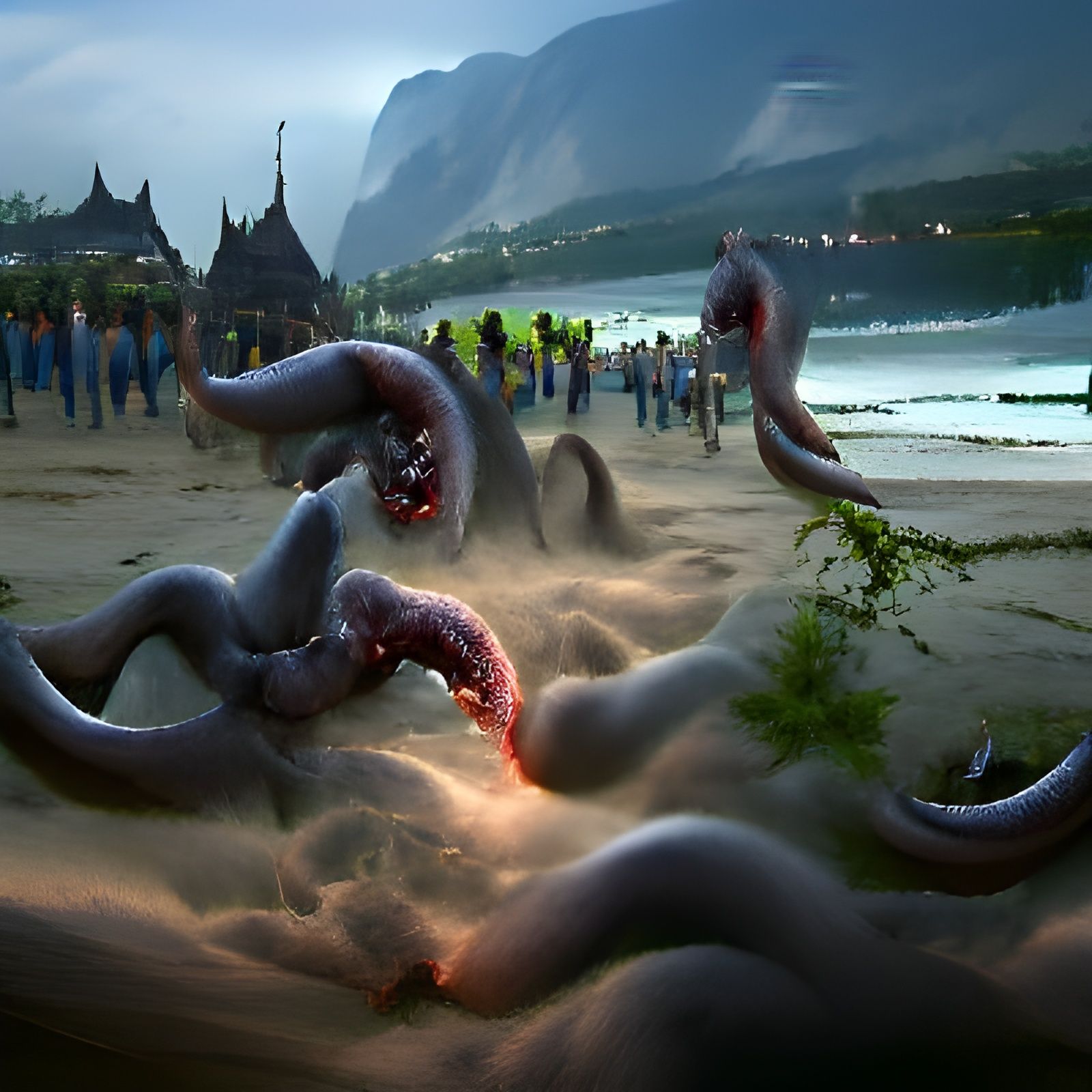 Sinister Tentacle Attack on Beach, Detailed Matte Painting