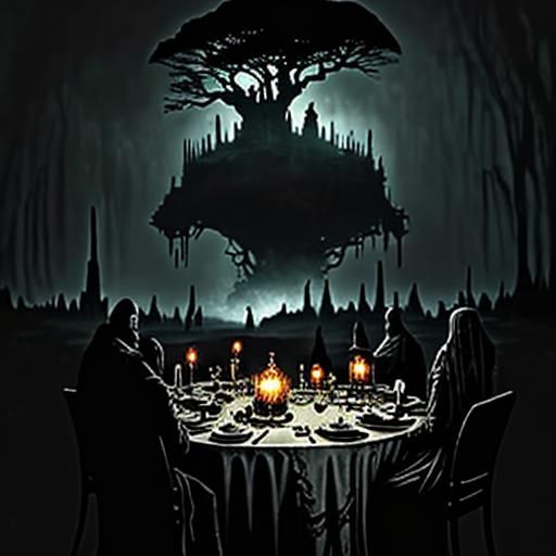 Eerie Dinner Amidst Ancient Tree: Digital Matte Painting