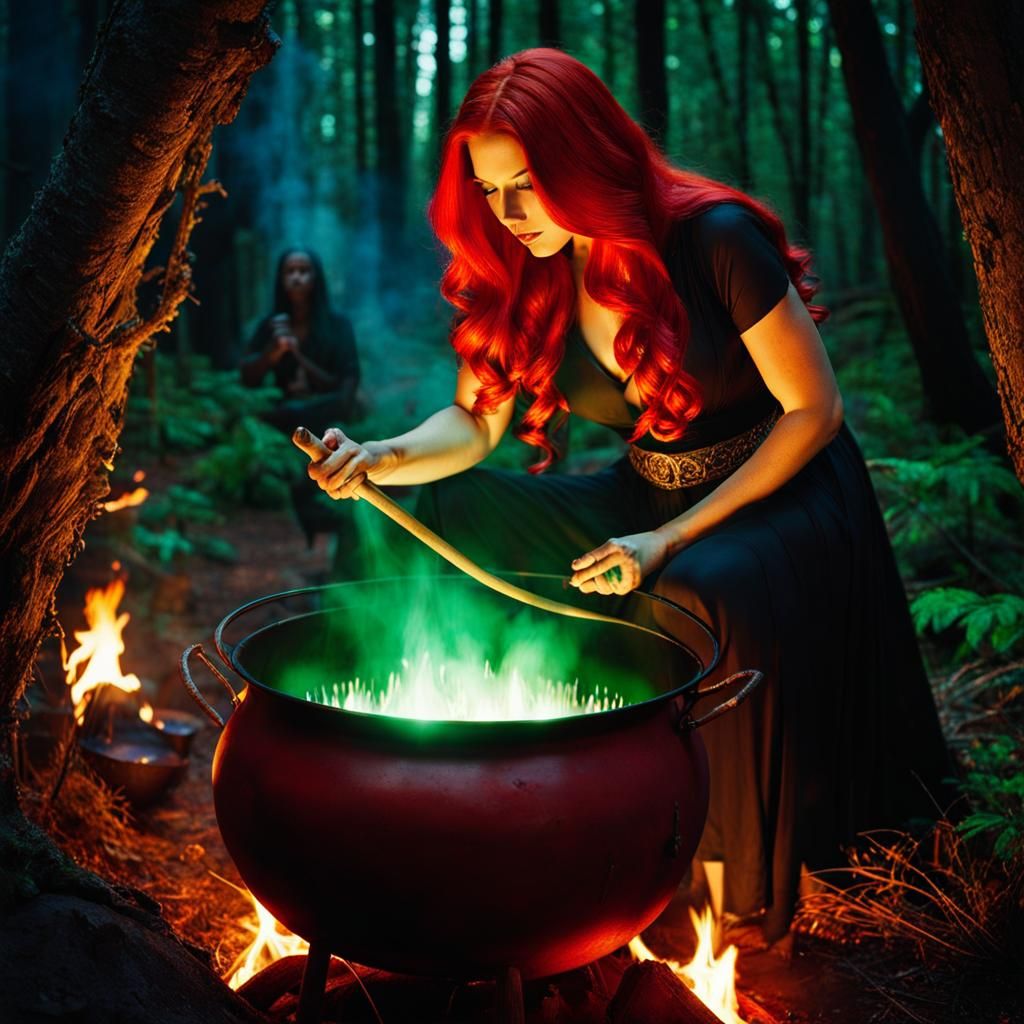 Red-Haired Woman Stirring Cauldron in Forest