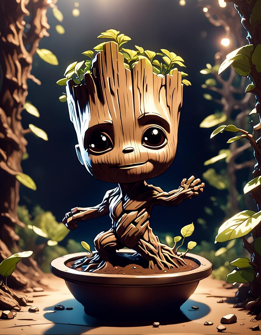 Detailed Chibi Groot Concept Art in 8k