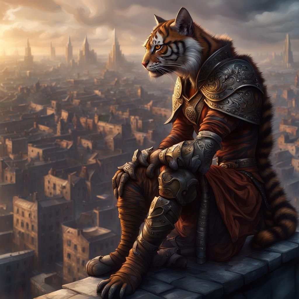Epic Tabaxi Warrior Overlooking Medieval City