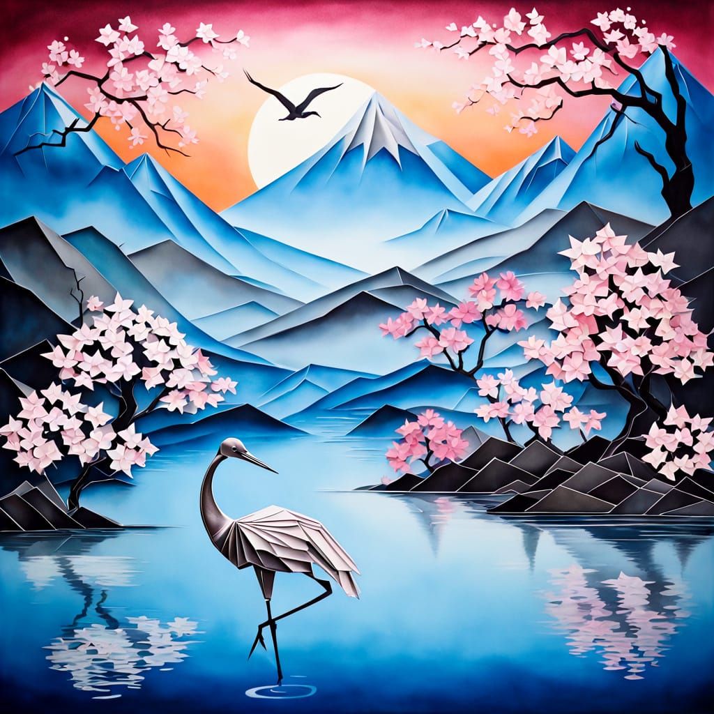 Japanese Origami Lake Scene with Cherry Blossoms