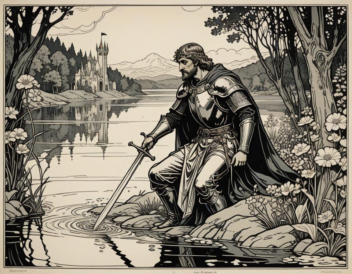 King Arthur Receives Excalibur in Elegant Art Nouveau Style