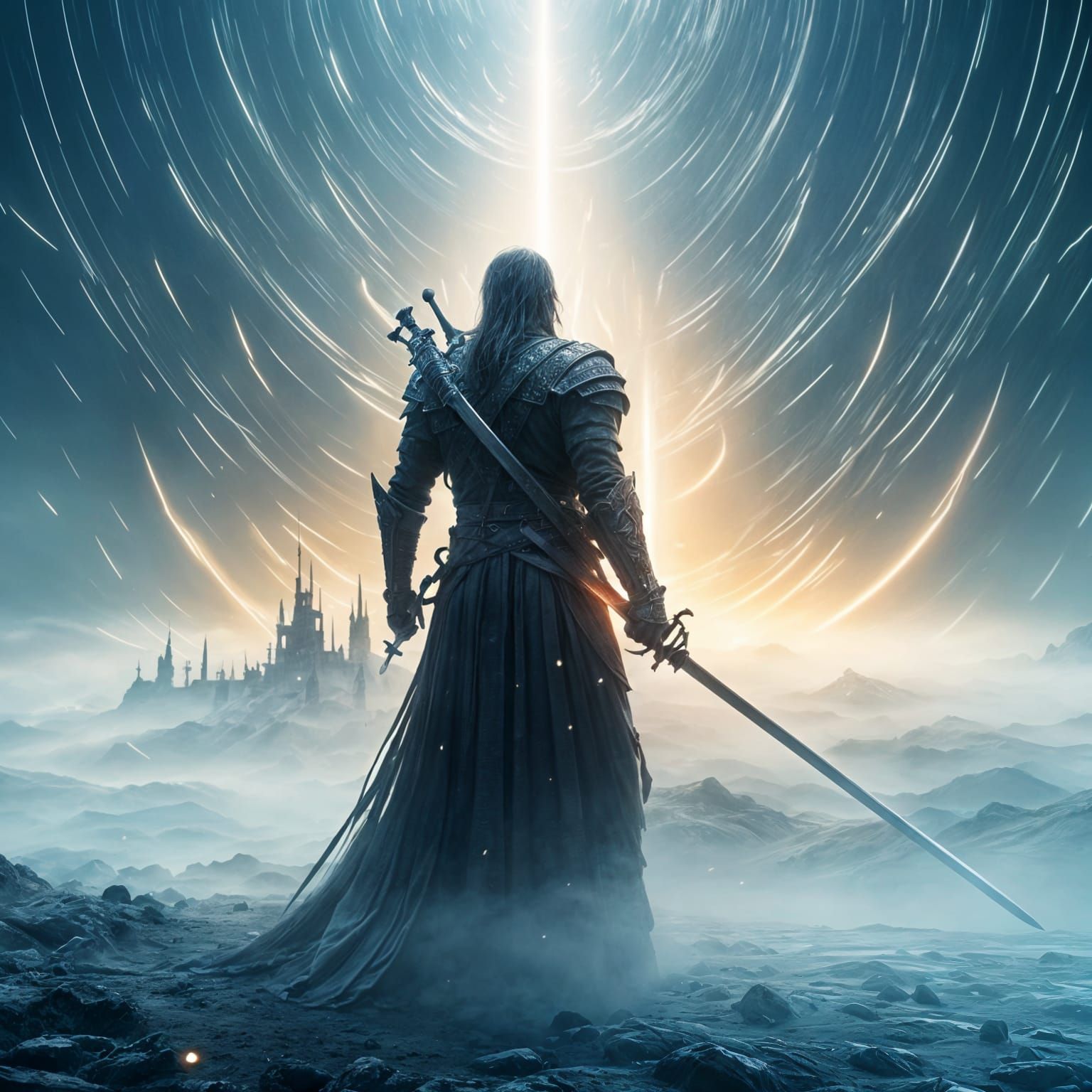 Warrior with Glowing Sword in Swirling Fog