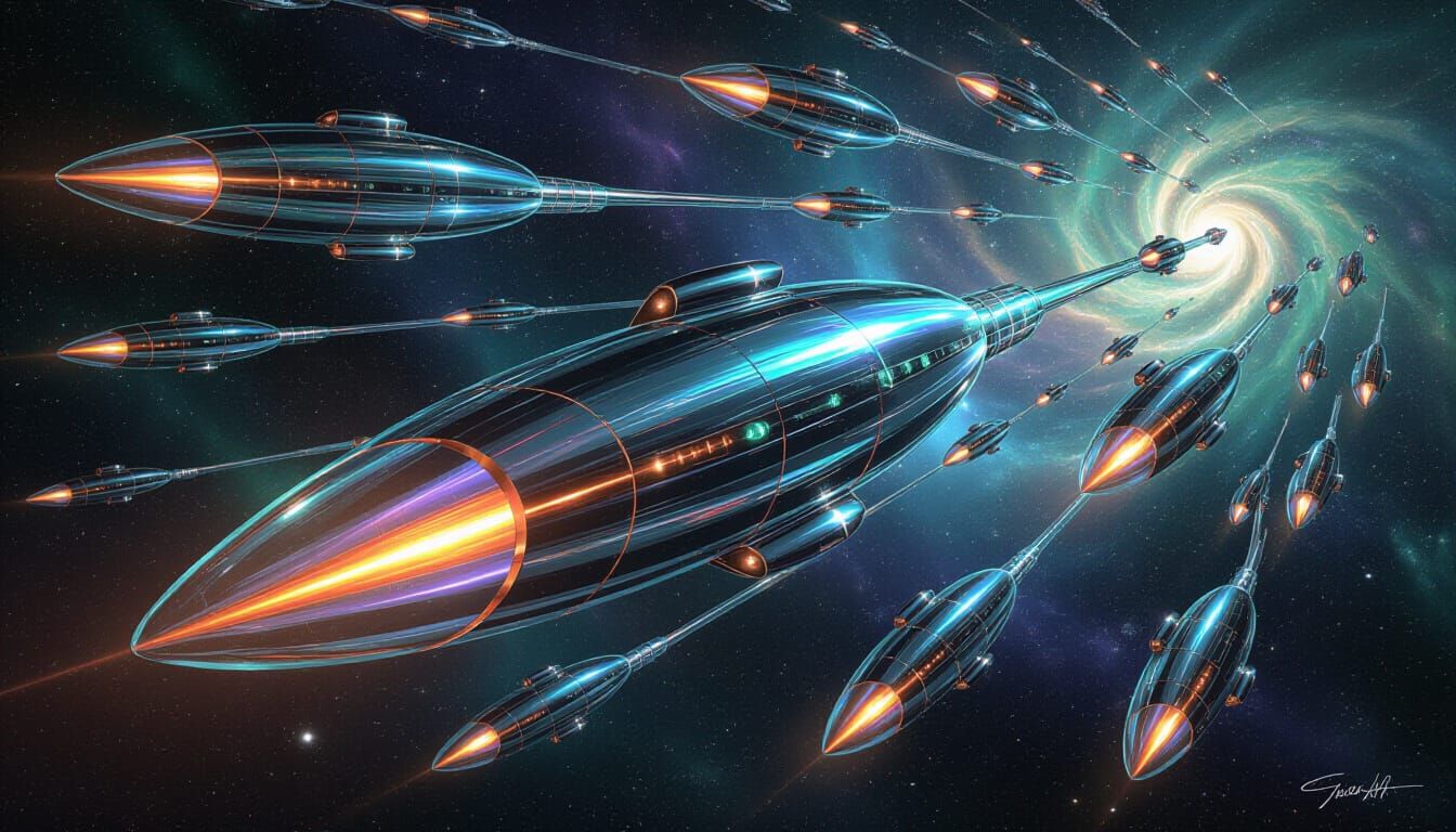 Colossal Chrome Spaceships in Fractal Flame Fleet