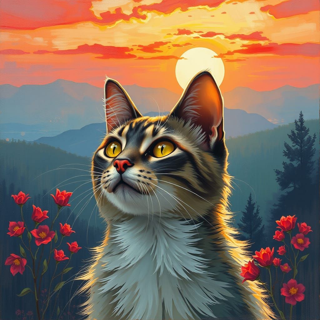 Cat on a Red Roof in Impressionist Style