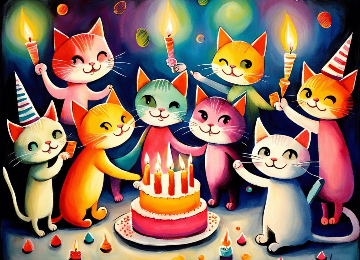 Joyful Manga Cats Celebrate Birthday in Polychromatic Art