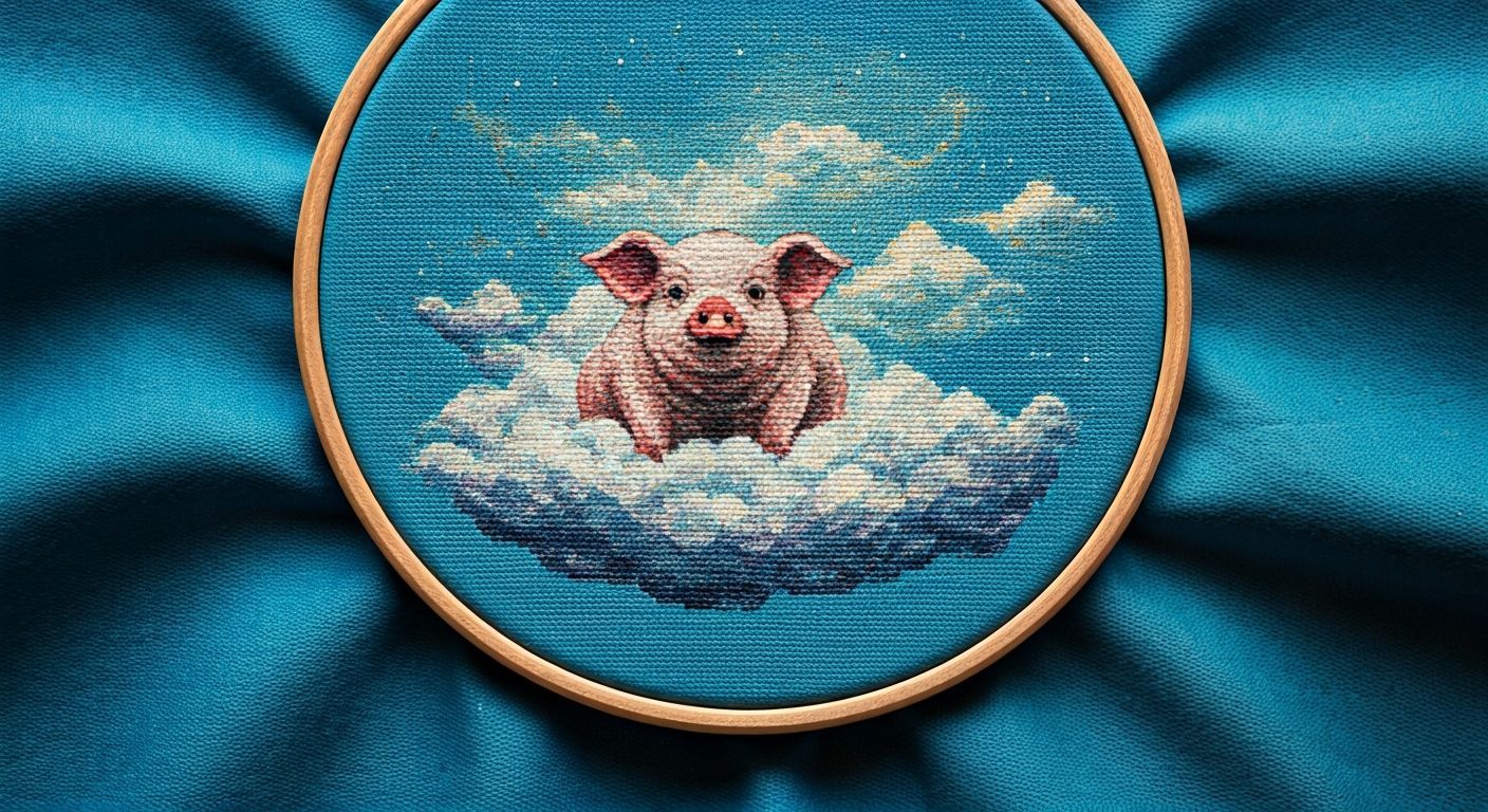Dreamy Cross-Stitch Pig on Cloud in Cinematic Style