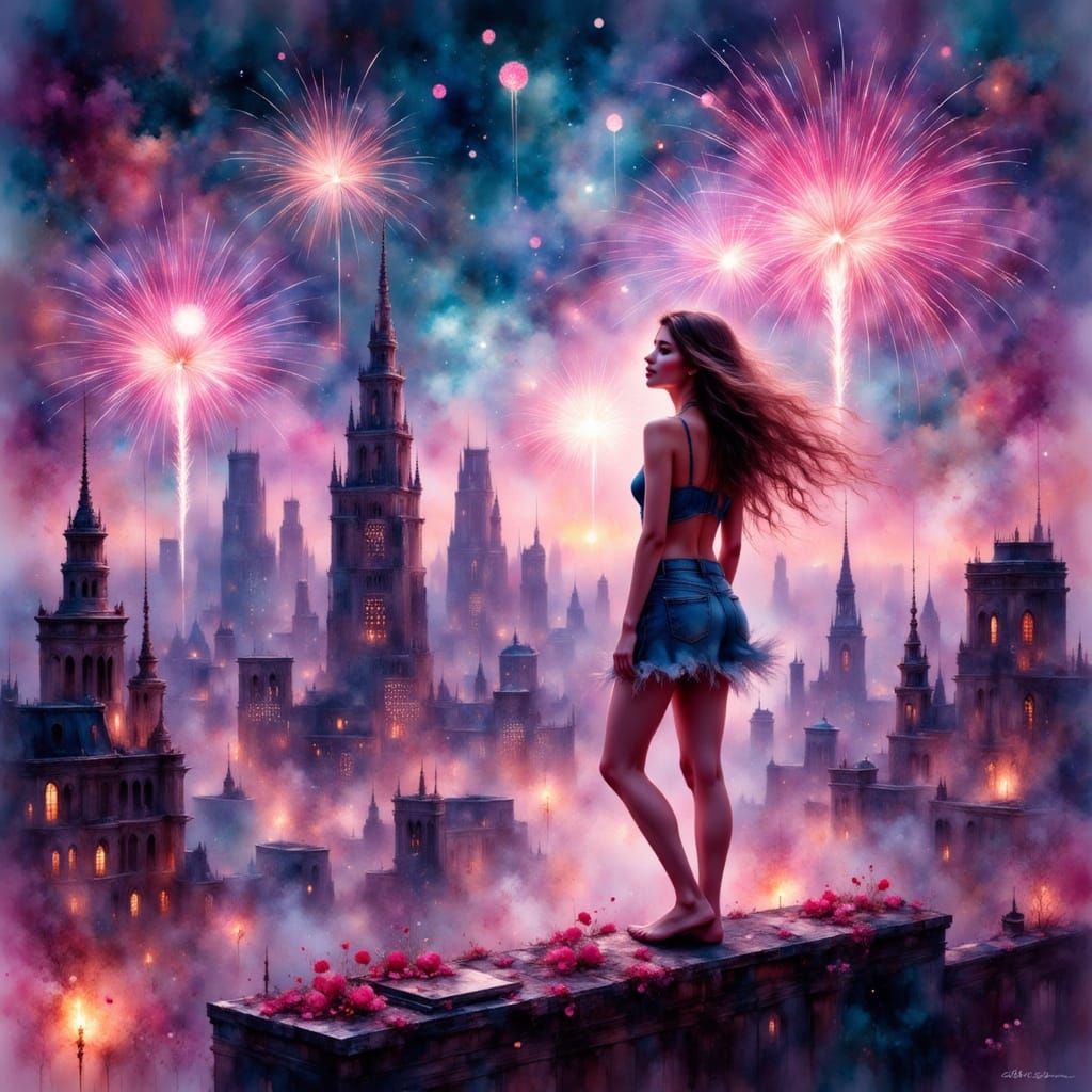 Synthwave Fireworks Display Over City Rooftop