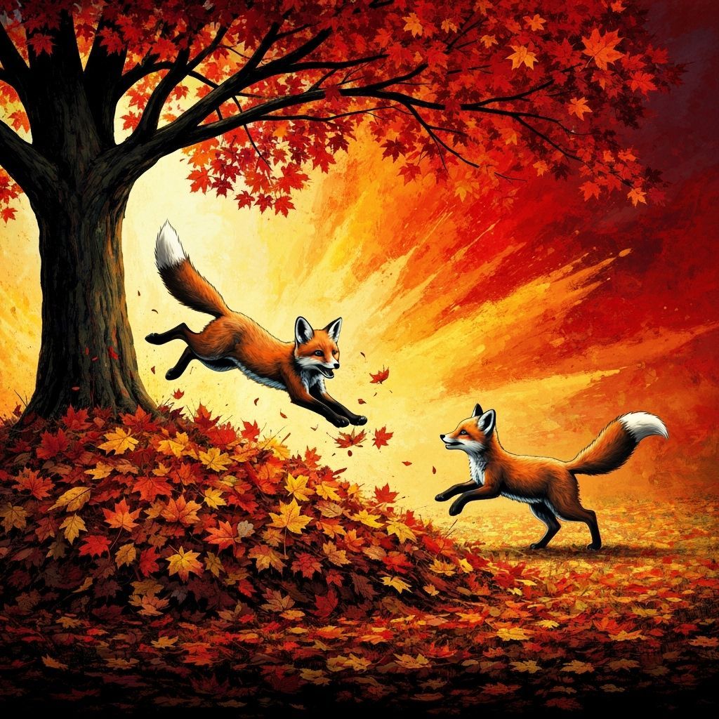 Joyful Foxes Play in Autumn Leaves Splash Art