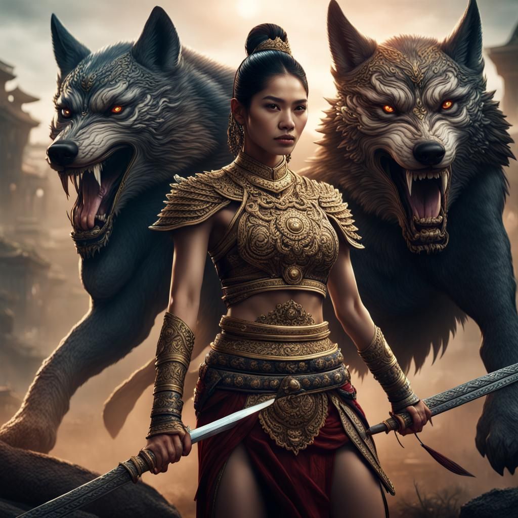Thai Warrior Woman Fighting Two-Headed Wolf