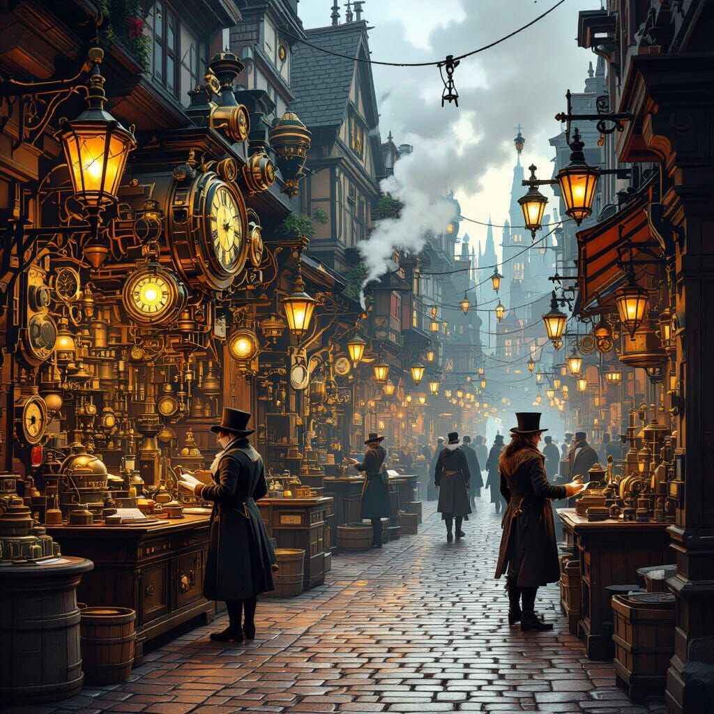 Victorian Clockwork Marketplace with Inventors and Automaton...