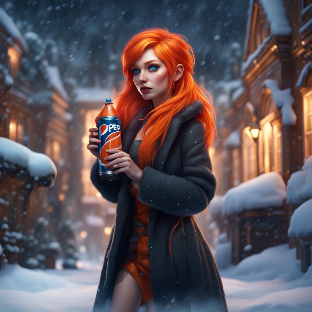 Girl with Orange Hair Drinking Soda in Snow